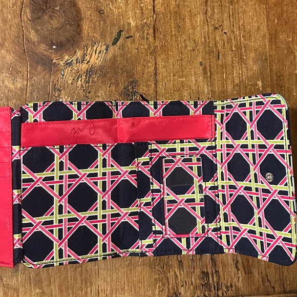 Vera Bradley Small Trifold Wallet Coin Purse Navy Blue Floral Ribbons Snap Close - Picture 5 of 8